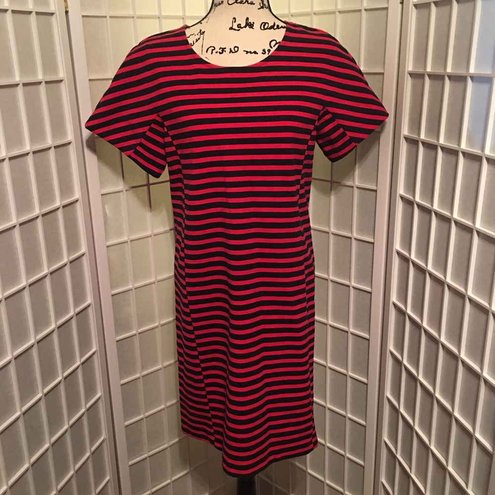 J Crew Mid Length Navy Coral Striped Sz L Dress